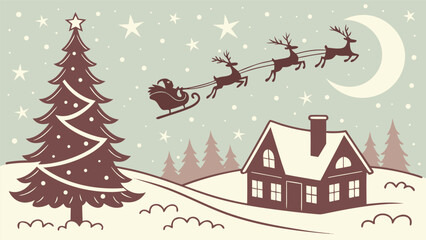 Fototapeta premium Magic Christmas eve. Santa claus delivers gifts on christmas eve with flying reindeer against a starry night sky. Santa with reindeers flying in sky.