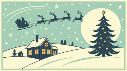 Naklejka premium Magic Christmas eve. Santa claus delivers gifts on christmas eve with flying reindeer against a starry night sky. Santa with reindeers flying in sky.