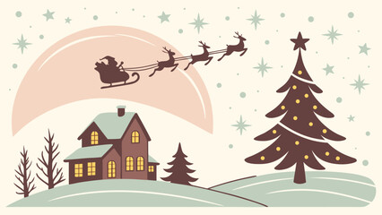Fototapeta premium Magic Christmas eve. Santa claus delivers gifts on christmas eve with flying reindeer against a starry night sky. Santa with reindeers flying in sky.