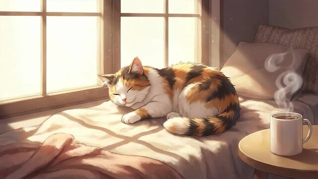 Cozy calico cat sleeping by sunlit window awakens to steaming tea. Relaxing lofi animated sequence of peaceful morning pet routine in warm bedroom.