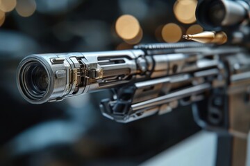 Detailed close-up of a modern rifle showcasing its intricate design and features
