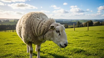 Obraz premium Fluffy white sheep grazing in a lush green meadow on a sunny day