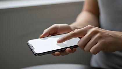 Woman hand holding smartphone with a blank white screen. Person scrolling touchscreen. Digital communication, mobile app marketing content.