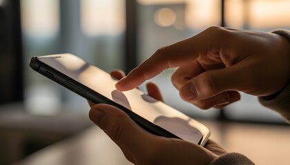 Person hand holding smartphone. Person scrolling touchscreen. Digital communication, mobile app marketing content.