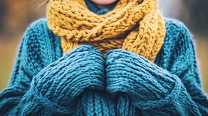 Close up of person wearing chunky knit sweater and scarf winter fashion warm cozy texture