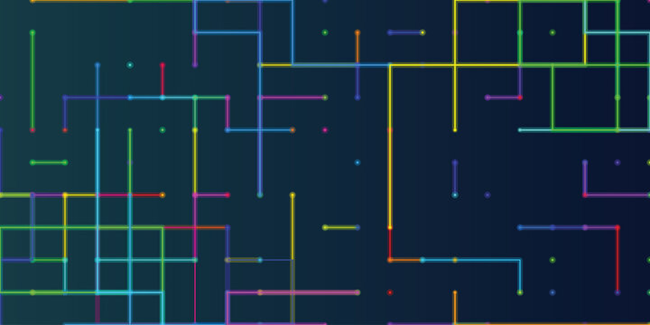 Digital Circuit Background Neon Network Lines Connecting Dots on Dark Blue