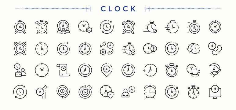 Clock modern icon set. Minimal icons collection. Editable stroke collections. Notification linear icon set. Contains outline symbols like alarm, alert, fire alarm and more.