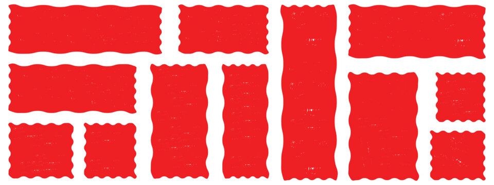 Vector wavy rectangles with grain texture, irregular red text boxes. grunge,Crayon drawn squares and rectangles,doodle hand drawn frames with irregular uneven shapes,