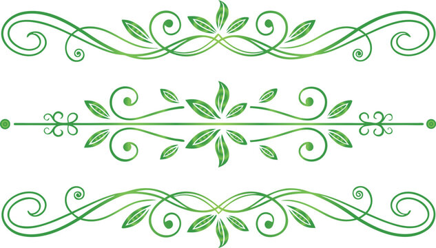 Elegant green leaf and swirl design elements for decorative borders and dividers, perfect for enhancing invitations, certificates, and stationery with a natural, organic flourish
