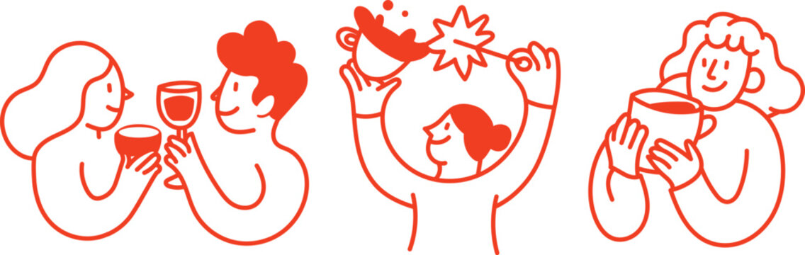 Happy People Enjoying Drinks and Celebration Moments Minimal Line Art Illustration for Lifestyle and Social Design