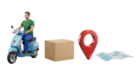 Delivery and Navigation Concept with scooter, package, map, and location marker isolated on