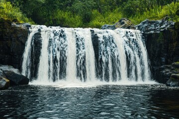 Obraz premium Beautiful cascading waterfall surrounded by lush greenery in a tranquil forest setting