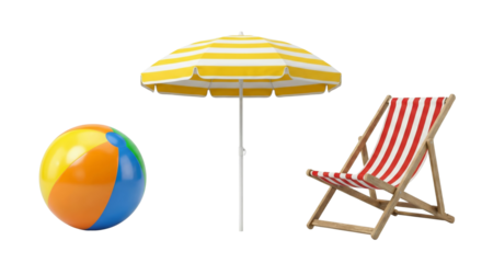 Beach leisure setup with colorful ball, yellow striped umbrella and wooden deck chair isolated on