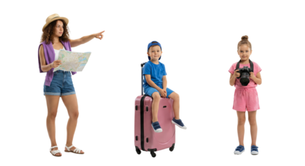family adventure scene with young children and travel accessories isolated on transparent background