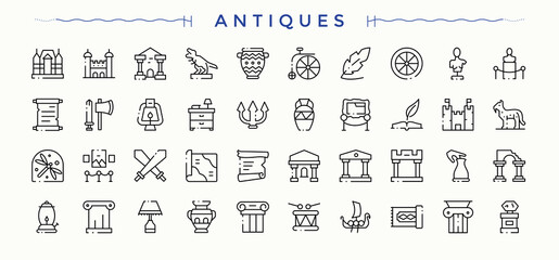 Antiques modern icon set. Modern thin line style icons. Vector illustration. Culture modern icon set. Contain linear sign history, archaeology, antiquity, heritage, culture and more.
