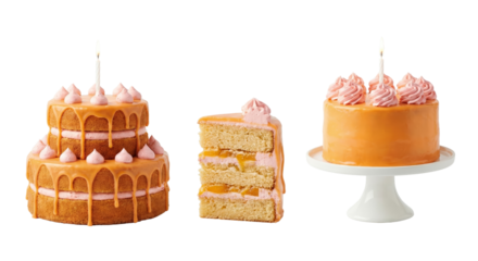 Celebratory layered cakes with pink frosting and lit candles on black background isolated