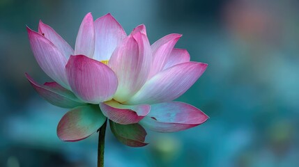 Obraz premium Elegant Pink Lotus Flower in Full Bloom on Calm Blue Background