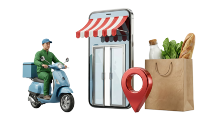 digital delivery service concept with scooter, smartphone, and grocery bag isolated background
