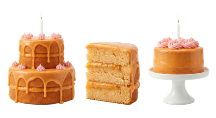 Delicious layered birthday cake with pink frosting and single candle isolated on a transparent