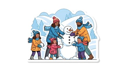 Fototapeta premium Happy diverse family enjoying winter day, building a snowman together in snowy landscape with cheerful children