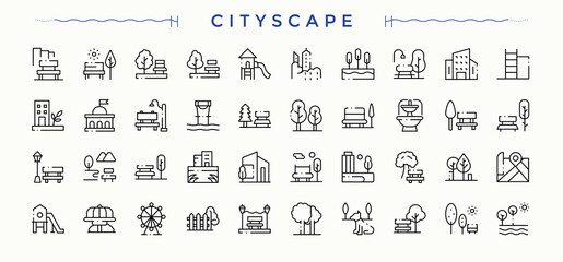 Cityscape vector icon set. Contain linear sign lake, outdoor, ground, garden, landscape, city park and more. Cityscape icon. Minimalist icons pack. Editable stroke. © Rubbble