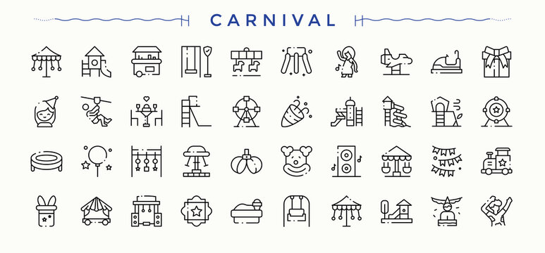 Carnival icon set. Recreation icon set. Minimalist editable vector stroke. Contain linear symbols entertainment, recreation, fun, games and more. Editable vector illustration.