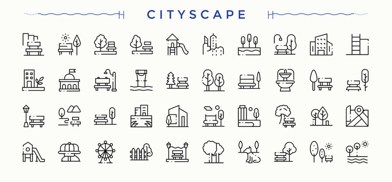 Cityscape vector icon set. Contain linear sign lake, outdoor, ground, garden, landscape, city park and more. Cityscape icon. Minimalist icons pack. Editable stroke.