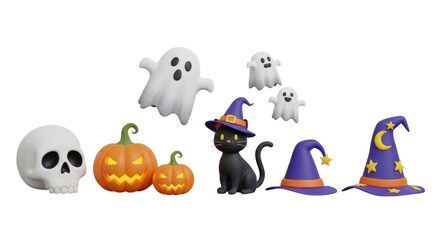 Obraz premium 3d cartoon halloween elements skull pumpkins ghosts black cat and witch hats transparent background cutout png