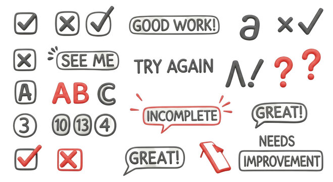 3d cartoon checkmarks and x s good work see me try again ab c incomplete great needs improvement question marks exclamation marks transparent background cutout png