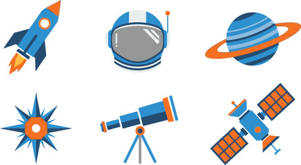 Geometric flat design set of 6 space icons rocket ship astronaut helmet planet star telescope and satellite