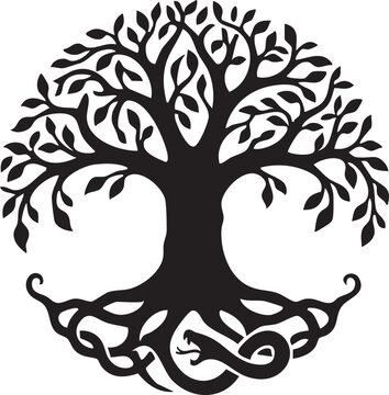 Black Celtic tree of life with entwined serpent and leaves on white background snake