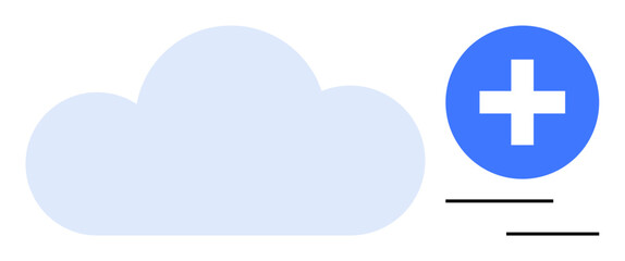 Fototapeta premium Light blue cloud with a bold blue circle and white plus sign indicating add function, supported by minimalist lines. Ideal for cloud computing, data storage, digital expansion, file backup, software