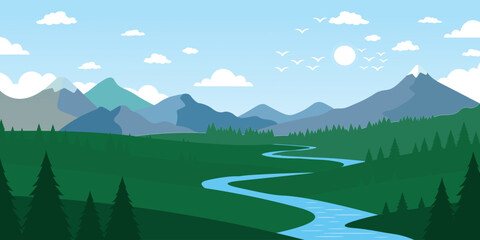 Beautiful flat illustration of a winding blue river flowing through a green meadow with distant mountains, creating a calm nature landscape ideal for travel websites, outdoor branding, and national 