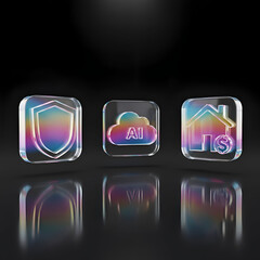 Modern Tech Icons: Digital Protection, Cloud Computing & Connected Home. Reflective Glass UI Elements on Dark Background