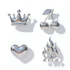 Metallic Silver Icons Collection: Crown, Cherries, Heart, Castle on White Background