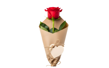 Single Red Rose Wrapped in Paper with Heart Tag, Romantic Valentine’s Day Gift, Transparent Background PNG