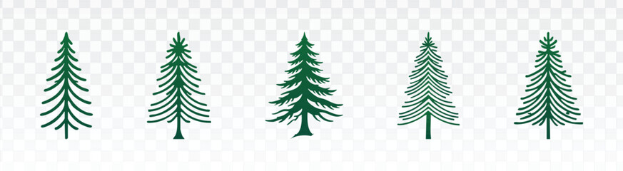 Set of five minimalist green pine tree icons in clean geometric and line-art styles, designed as simple silhouettes for nature logos, outdoor adventure branding, winter themes, and holiday decoration 