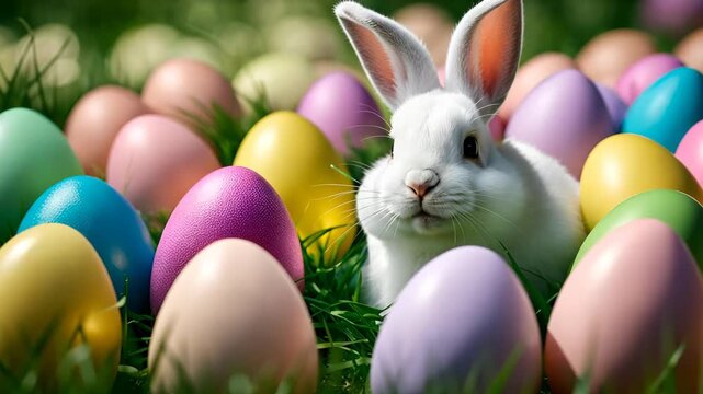 Easter background with cute bunny and painted eggs on green grass with flowers at spring