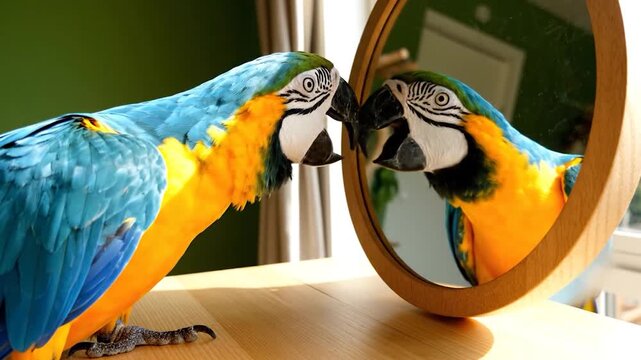 Colorful parrot looking in mirror reflection