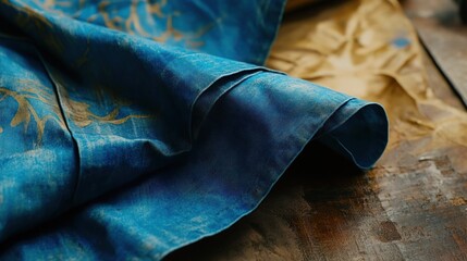 Blue fabric with gold pattern textured close up