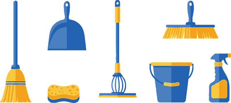 Flat style illustration set of 5 cleaning tools broom dustpan mop bucket sponge and spray bottle