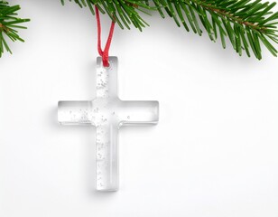 Glass Christian Cross Christmas Ornament Isolated on a White Background