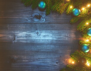 An Aged Wooden Background Framed by Christmas Lights, Ornaments, and Greenery