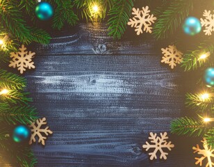 An Aged Wooden Background Framed by Christmas Lights, Ornaments, and Greenery