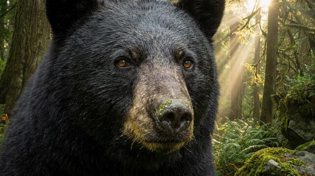 Close Up Portrait of a Black Bear in a Lush Green Forest with Golden Sun Rays Shining Through the Trees