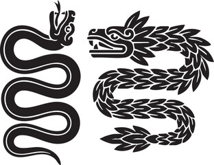 Black serpent and feathered dragon silhouettes on white background snake mythical © Yasin