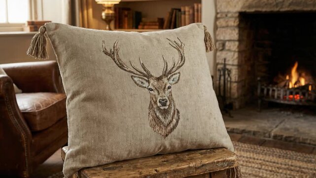 Cozy Living Room Scene with Stag Cushion Fireplace and Leather Armchairs Warm Ambiance Evening Lighting