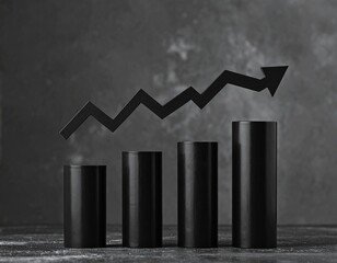 3D black declining bar graph with downward arrow overlay on a clean grey background