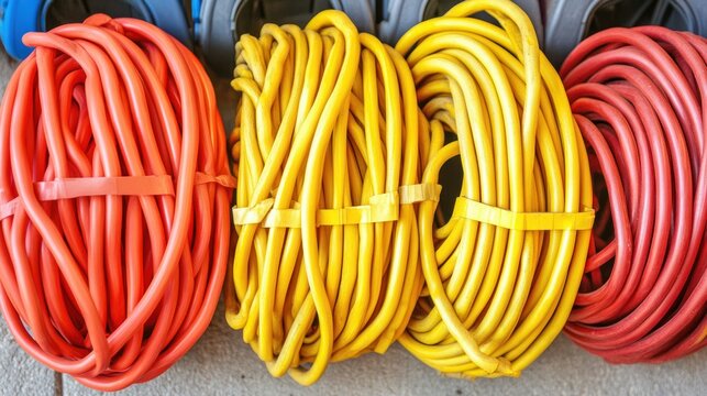 Vibrant red and yellow coiled cables close up