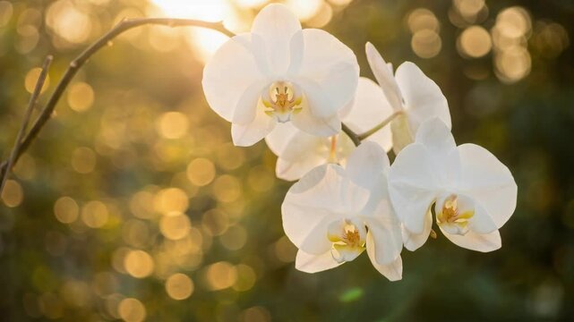 Delicate White Orchid Flowers Bloom in Golden Sunset Sunlight with Soft Bokeh Background Nature Scene